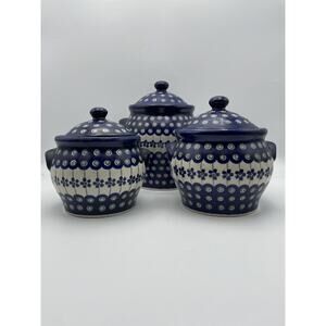Boleslawiec Blue Rose Polish Pottery Flowering Peacock Canister Set Cookie Jar